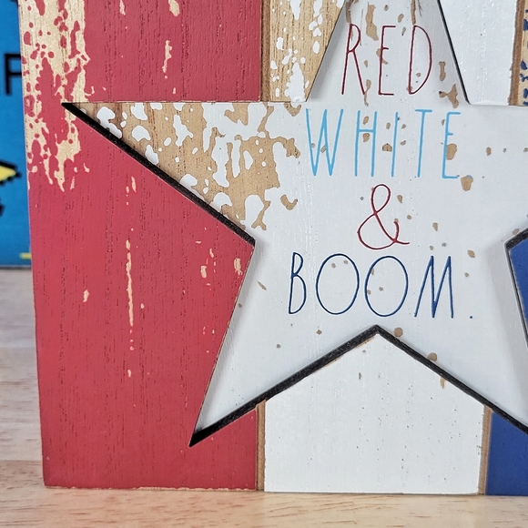 Rae Dunn 4th of July Red White & Boom Wooden 6x6 Patriotic Seasonal Decor New - Picture 8 of 8
